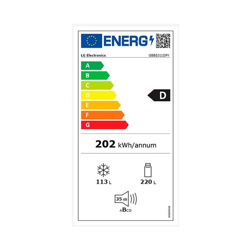 Frigorífico combi 186cm LG GBBSJ11DPY Inox antihuellas NO FROST, clasificación energética: D, H: 186cm, A: 59,7cm, F: 67,5cm, capacidad total: 333L.