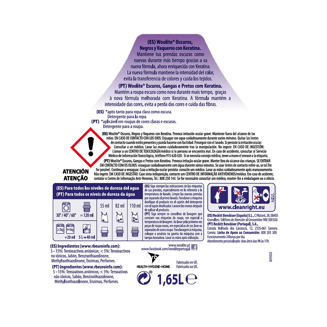 Detergente líquido, especial prendas oscuras, negras y vaqueros 30 lav.1,65 l.