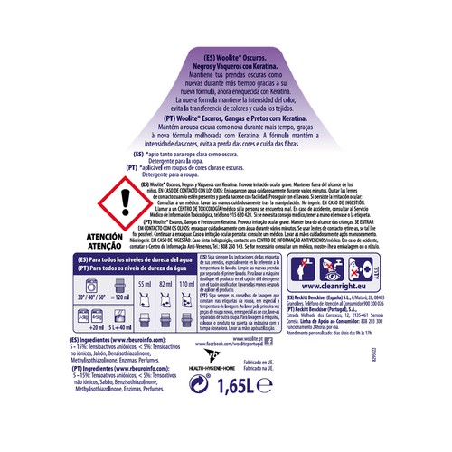 WOOLITE Detergente líquido, especial prendas oscuras, negras y vaqueros 30 lav.1,65 l.