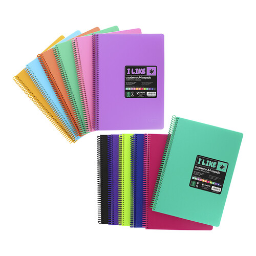 Cuaderno tamaño A4, con espiral, tapas de polipropileno colores surtidos, interior rayado 7mm, GRAFOPLAS.