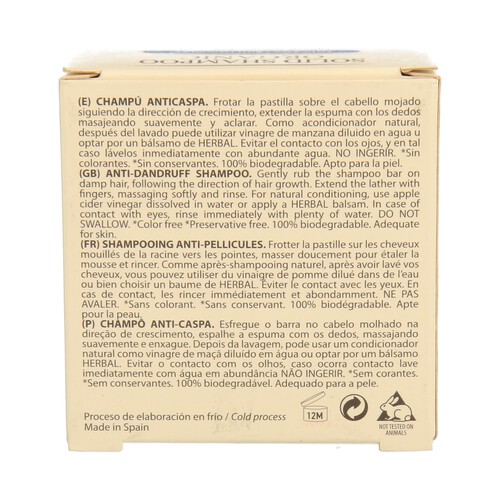 BIONATURE Champú anticaspa en pastilla con extracto de capuchina y tomillo BIONATURE 100 g.