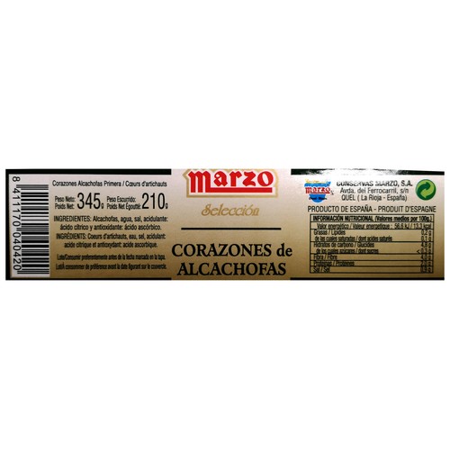 MARZO Alcachofas al natural 9/12 frutos 210 g.