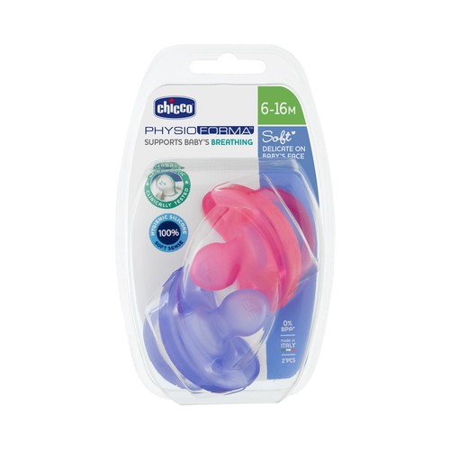 CHICCO Physio soft Chupetes de silicona con tetinas anatómicas, para bebés de 6 a 16 meses  2 uds.