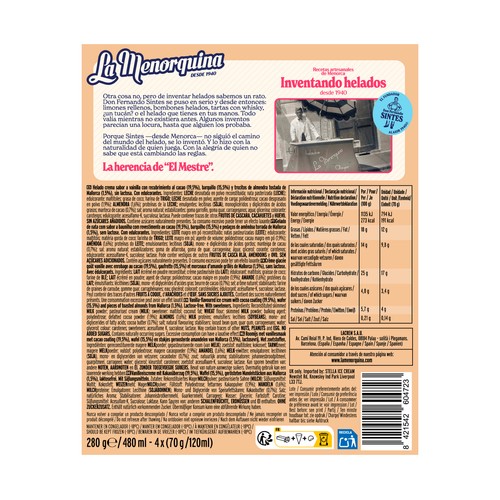 LA MENORQUINA Conos de helado de vainilla con laminado de chocolate, sin azúcares añadidos y sin lactosa 4 x 120 ml.