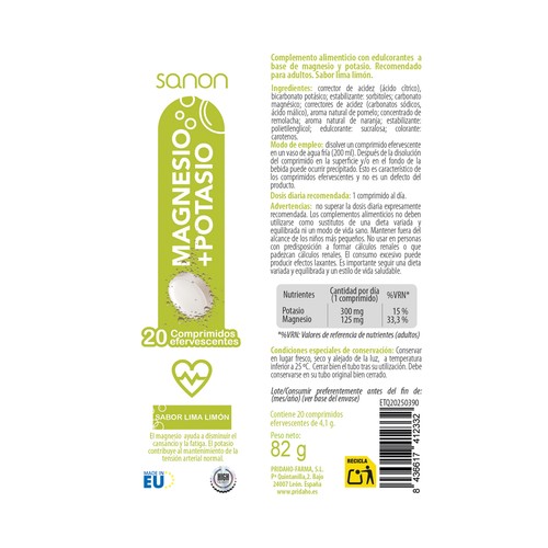 SANON Magnesio + potasio sabor lima-limón en comprimidos efervescentes 20 uds.