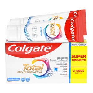 Imagen de COLGATE Total prevención activa blanqueadora Pasta de dientes con acción blanqueante 2 x 75 ml.