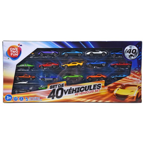 Set 40 coches de juguete + circuito de carreras. Pack coches en miniatura. ONE TWO FUN ALCAMPO.
