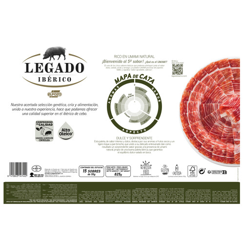 LEGADO IBÉRICO Maletín con 15 sobres de 50 g. de jamón de cebo ibérico (50% raza ibérica), cortado en lonchas LEGAOO IBÉRICO de El Pozo 750g.