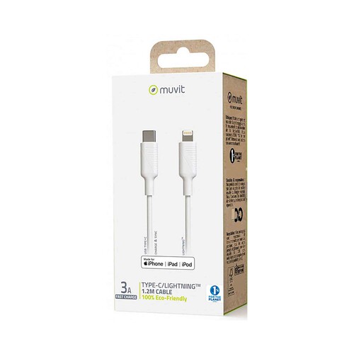 Cable iPhone Lightning a Tipo-C para MUVIT, 3A, longitud 1,2m.