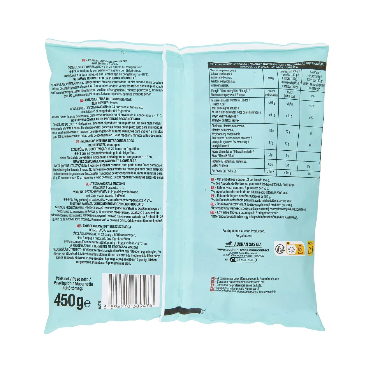 AUCHAN Fresas enteras ultracongeladas 450 g.