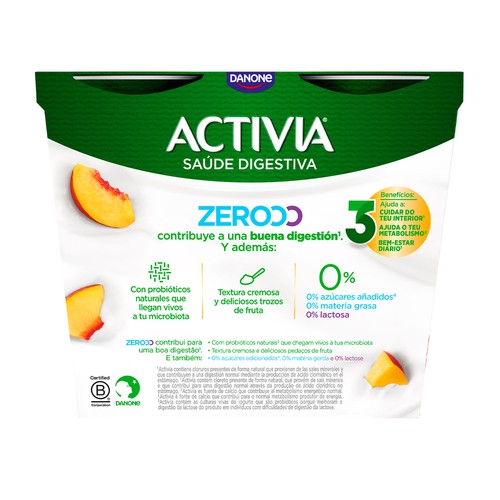 ACTIVIA Triple zero de Danone Bífidus desnatado (0% materia grasa), sin lactosa y con trocitos de melocotón 4 x 120 g.