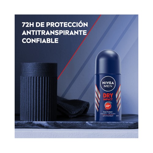NIVEA Men dry impact Desodorante roll on para hombre con protección anti transpirante hasta 72 horas 50 ml.
