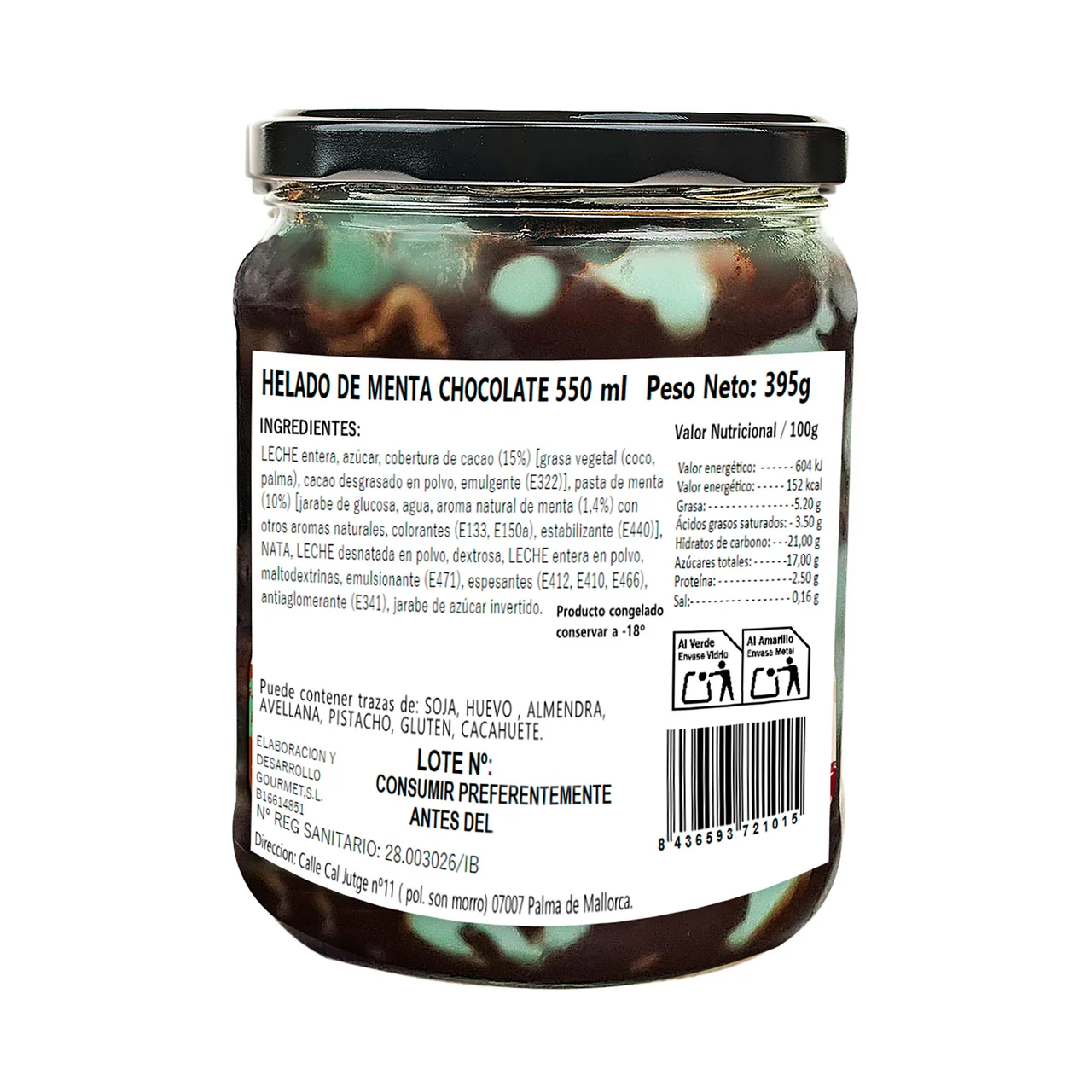 Tarrina de helado de chocolate y menta 550 ml.