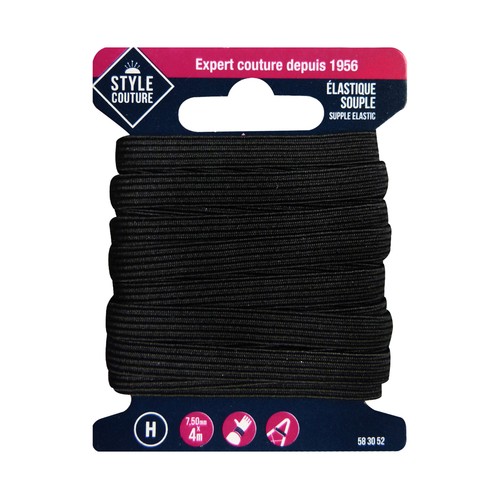 Cinta elástica flexible color negro para costura, 7,5mm x 4 metros, STYLE.