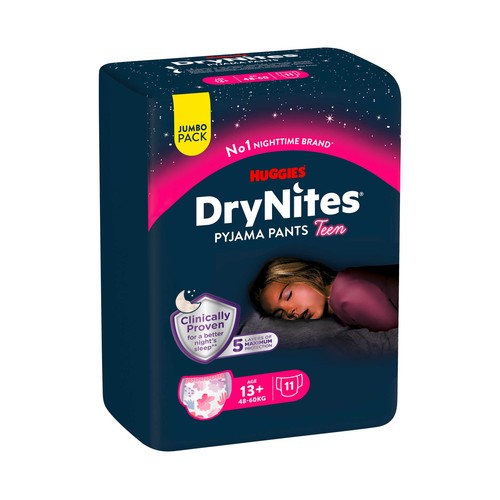 DRYNITES Pañales de noche (braguitas absorbentes) talla 13 + años, para niñas de 48 a 60 kg 11 uds.