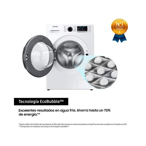 Lavadora SAMSUNG WW90TA046AE/EC, capacidad de carga: 9KG, clasificación energética: A, 1400RPM, H: 85cm, A: 55cm, F: 60cm.