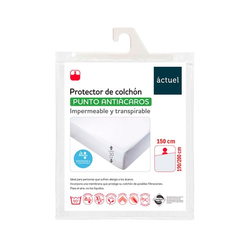 Protector colchón 150X190/200cm hasta 30cm de altura, de punto liso antiácaros, de poliuretano. ACTUEL
