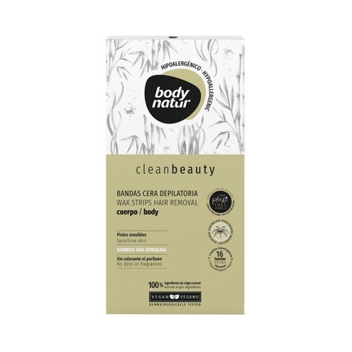 BODY NATUR Bandas de cera depilatoria para piernas, especial pieles sensibles BODY NATUR 16 uds.