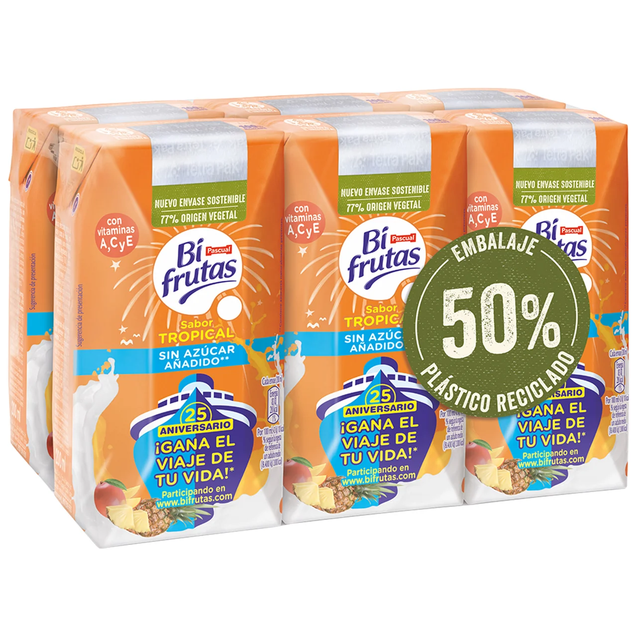 Leche con zumo de frutas tropicales sin azúcares añadidos y con vitaminas A, C y E 6 x 200 ml.