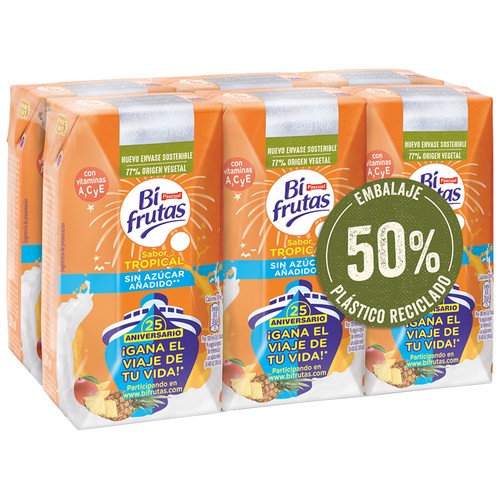 BIFRUTAS Leche con zumo de frutas tropicales, sin azúcares añadidos 6 x 200 ml.