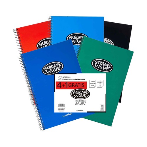 Pack 4+1 cuadernos A4 tapa forrada extradura cuadrícula 4x4, OCEAN'S WAVE.