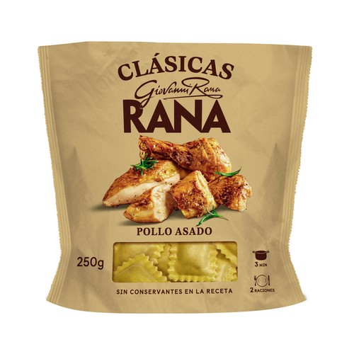 RANA Raviolis de pasta fresca al huevo, rellenos de riquísima carne de pollo asado RANA Clásica 250 g.