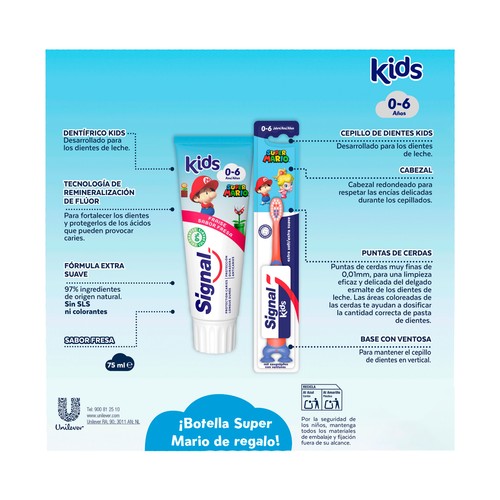 SIGNAL Super Mario - Kit cuidado bucal con 2 pastas y un cepillo de dientes infantil (0 - 6 años).