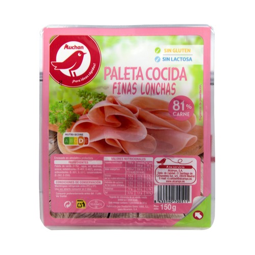 Paleta de cerdo cocida y cortada en finas lonchas PRODUCTO ALCAMPO 150 g.
