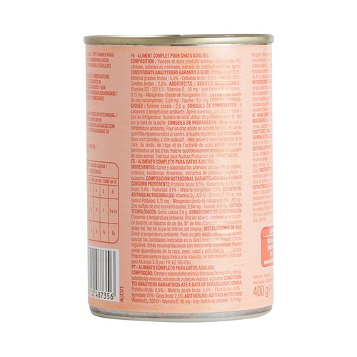 PRODUCTO ALCAMPO Comida húmeda para gatos sabor paté de cordero 400 g.