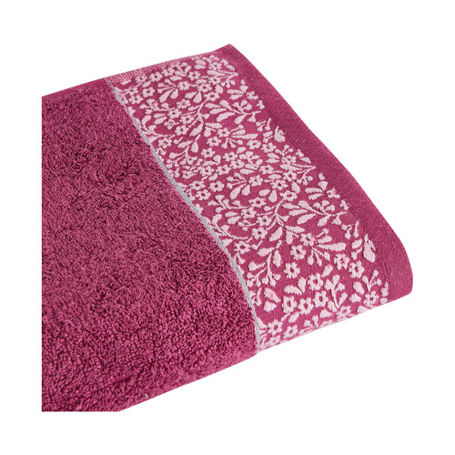 Toalla de ducha 100% algodón color rosa con cenefa floral, 500g/m² ACTUEL.