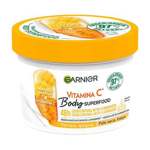 GARNIER Superfood Loción corporal nutri-iluminadora con mango y vitamina C, para pieles secas 400 ml.