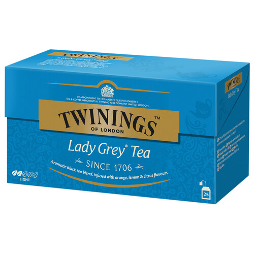 TWININGS Té Lady Grey (Té negro, cáscara de naranja y limón y aroma de cítricos) 25 uds. 50 g.