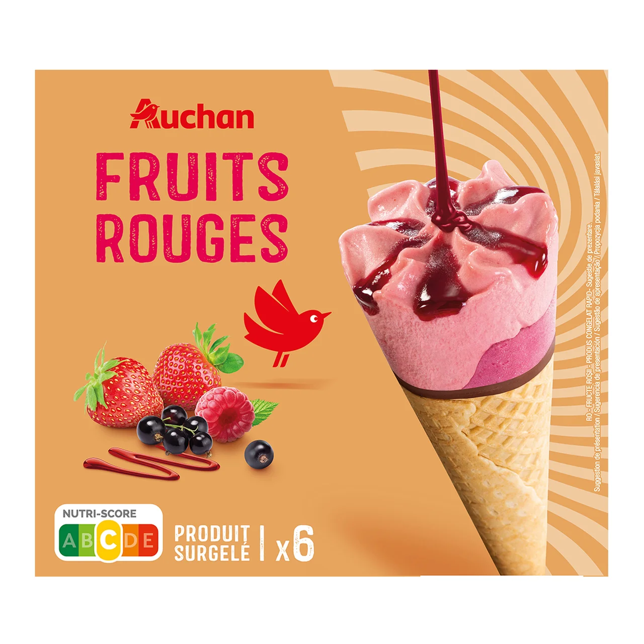 AUCHAN Conos de helado y salsa de frutos rojos 6 x 120 ml. Producto Alcampo.