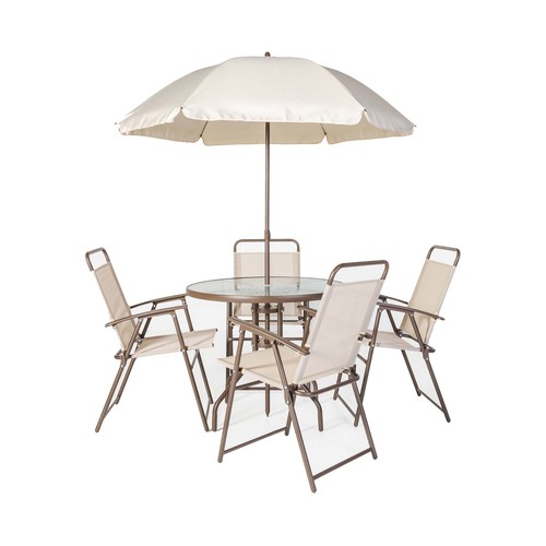 Conjunto de muebles de jardín 4 plazas con con mesa, 4 sillas y sombrilla de acero y textileno color negro/beige, Prusia IKUNIK.