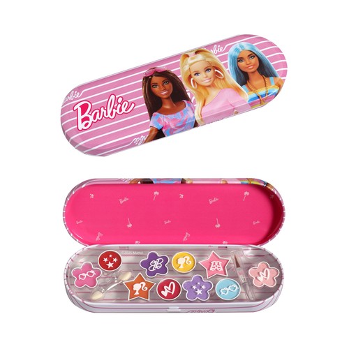 BARBIE Estuche metálico con maquillaje infantil.