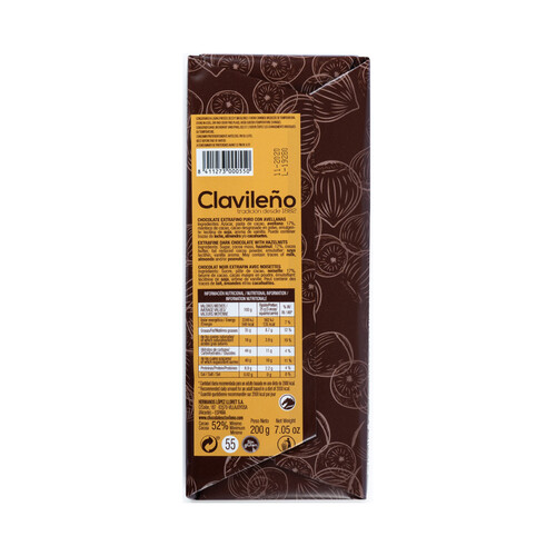 CLAVILEÑO Chocolate negor 52% y avellanas CLAVILEÑO 200 g.