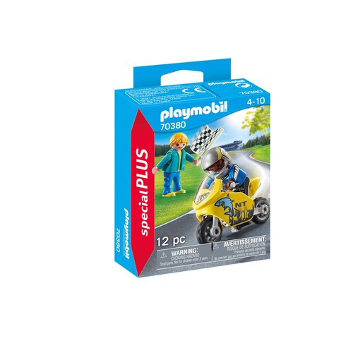 Conjunto de juego Chicos con moto de carreras con accesorios y 2 figuras, 12 piezas, PLAYMOBIL SPECIAL PLUS 70380.