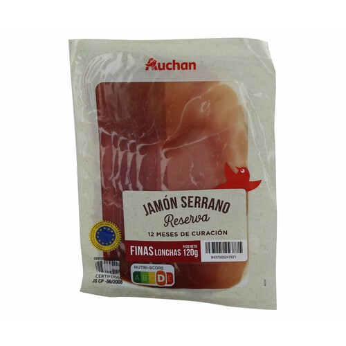 Jamón serrano reserva (curación mínima de 12 meses), cortado en finas lonchas PRODUCTO ALCAMPO 120 g.