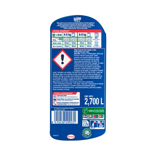 WIPP EXPRESS Detergente gel limpio y liso 60 dosis.
