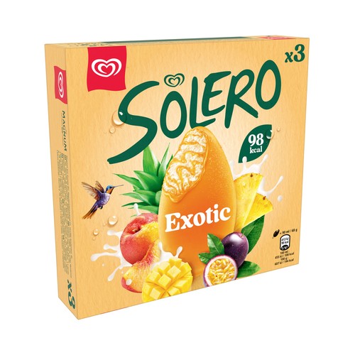 SOLERO Helado de vainilla cubierto de sorbete de frutas exóticas 3 x 90 ml.