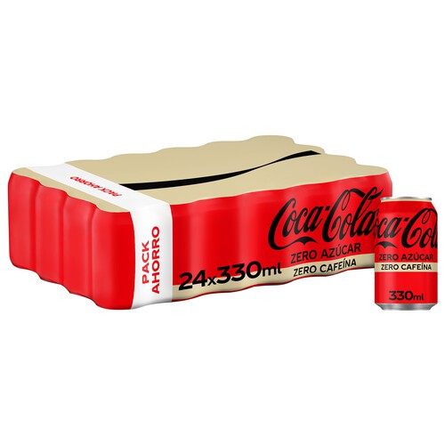 COCA COLA Zero zero Refresco de cola sin azúcar y sin cafeína pack 24 latas de 33 cl