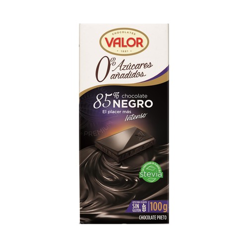 Chocolate negro 85%, sin azucares añadidos VALOR 100 g.