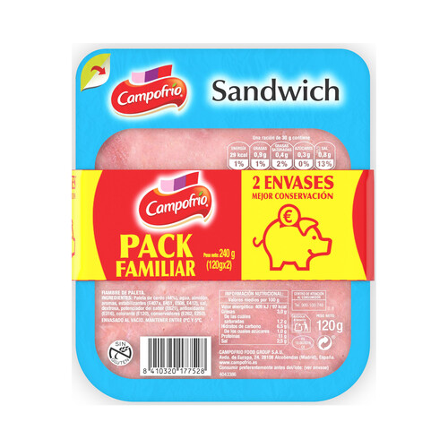 Fiambre de paleta de cerdo, elaborada sin gluten y cortado en lonchas para sandwich CAMPOFRÍO 2 x 135 g.