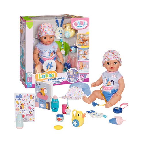BABY BORN Muñeco Lukas Baño divertido 36 cm con 14 accesorios +1