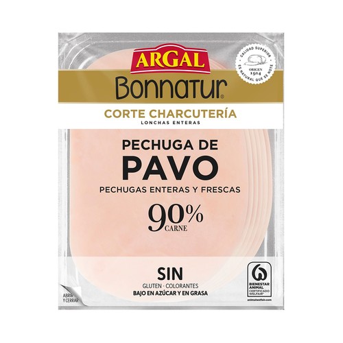 Pechuga de pavo cortada en lonchas enteras BONNATUR de Argal 130 g.