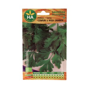 Semillas ecológicas para sembrar perejil de la variedad hoja grande HA-HUERTO Y JARDIN 3.75 gramos.