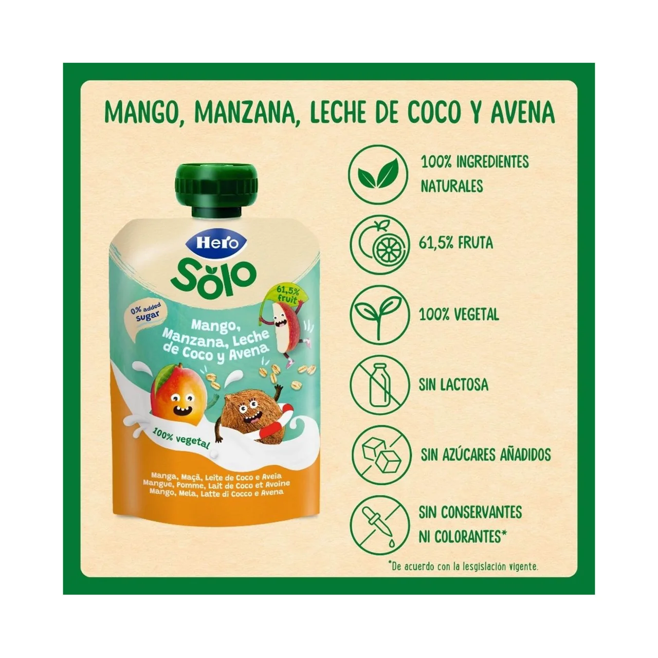 Solo Bolsita (pouch) de fruta (mango, manzana) con leche de coco y avena, a partir 6 meses 100 g.