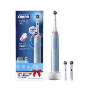 Cepillo de dientes eléctrico Braun ORAL-B Pro3 3700 azul, control de presión, temporizador, incluye 1 cabezal + 2 cabezales de regalo.