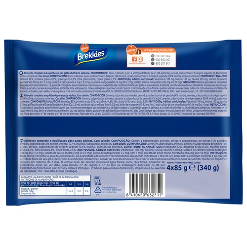 BREKKIES Alimento de gato húmedo salsa salmón y atún 85gr X4