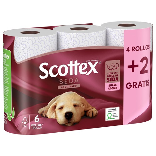 SCOTTEX Seda Papel higiénico acolchado con un toque de seda y aroma suave 6 rollos.